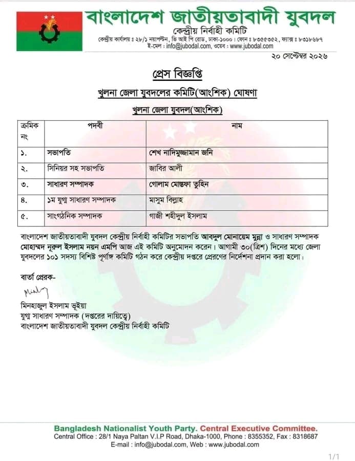 খুলনা জেলা যুবদলের আংশিক কমিটি ঘোষণা  
